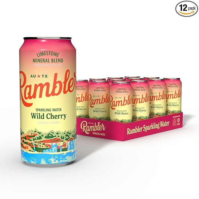 AUTX RAMBLER Sparkling Water, Texas Limestone Mineral Blend, Wild Cherry Flavor, 16-Ounce Tallboy