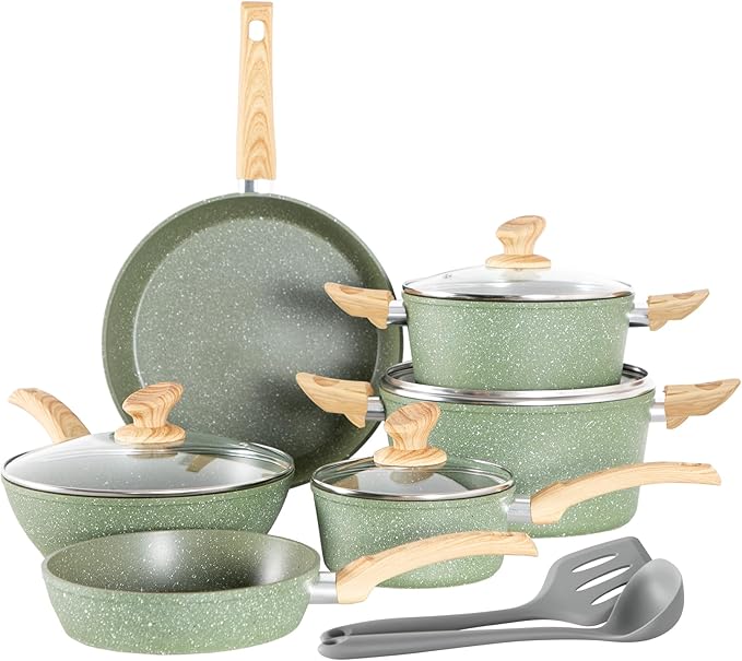 Kitchen Academy Non Toxic Pots and Pans Set Non Stick - 12 Piece Induction Cookware Sets, Green