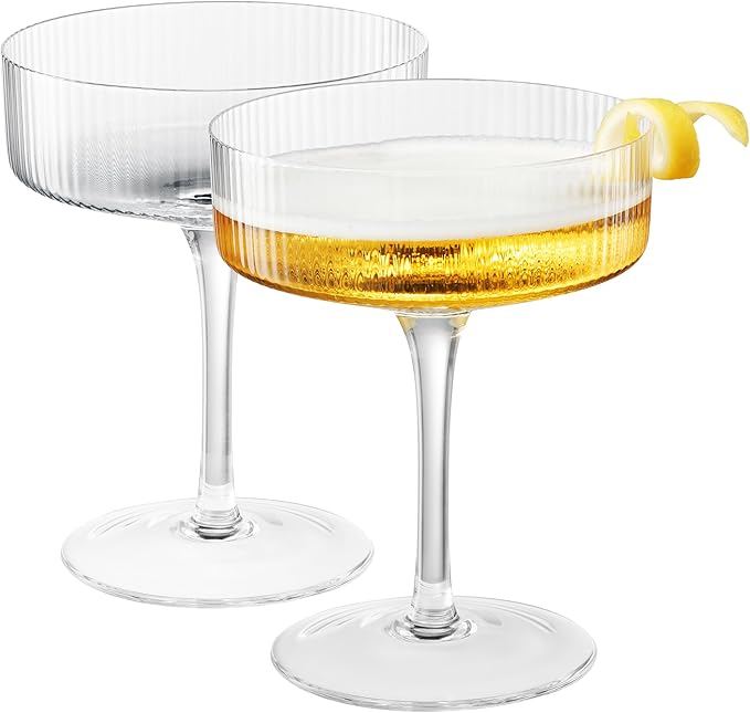 Khen Ribbed Vintage Art Deco Coupe Glasses - Martini, Champagne & Cocktail Ribbed Glasses 12oz |