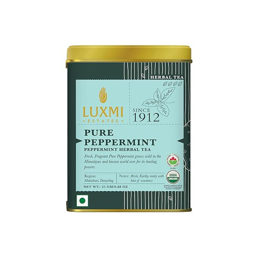 Luxmi Estates Purely Peppermint 25gm Tin | USDA Certified Organic Herbal Tea | Mint Tea Best for