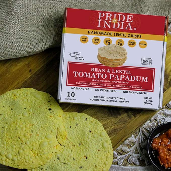 Pride Of India | Tomato Papadum, Pack of 6-10 Count Box (3.53oz - 100gm) | Protein Fiber & Iron