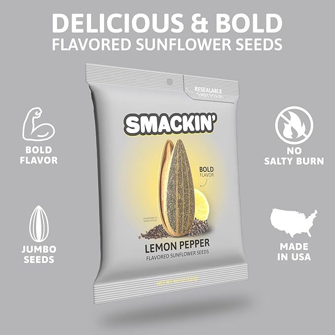 SMACKIN' - Jumbo Roasted Sunflower Seeds, No Salty Burn, American Made, Easy Pour & Seal - Lemon