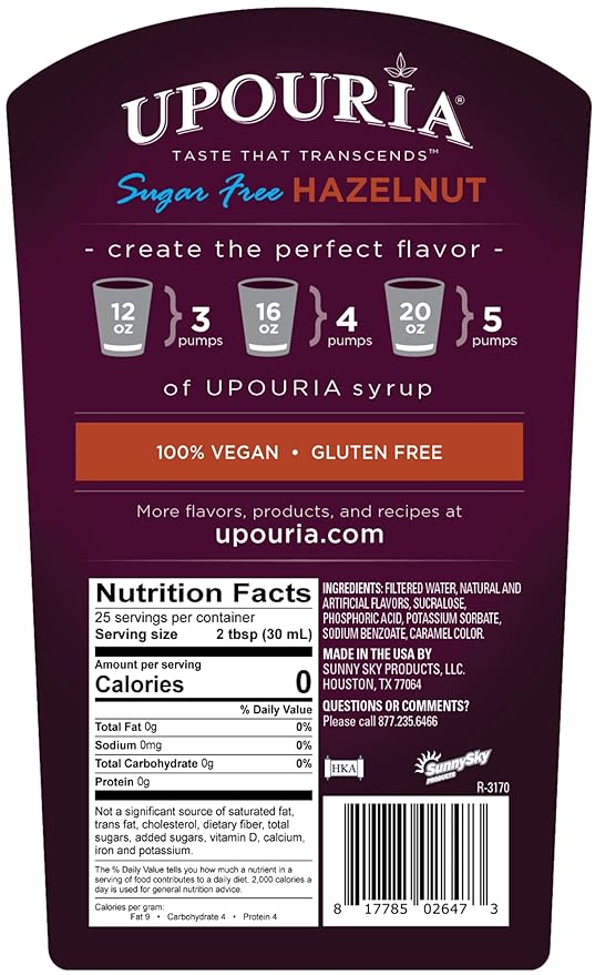 Upouria Sugar Free Hazelnut Coffee Syrup Flavoring, 100% Vegan, Gluten-Free, Kosher, 750 mL Bottle