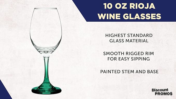 DISCOUNT PROMOS Rioja Wine Glasses with Stem 10 oz. Set of 10, Bulk Pack - Color Bottom, Perfect