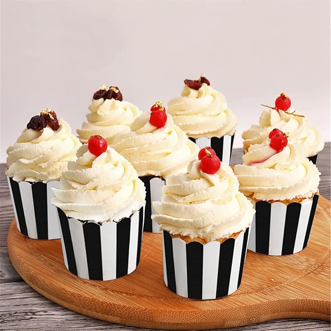 100 Pack Muffin Liners Baking Paper Cups Black and White Stripes Cupcake Liners Elegent Muffins