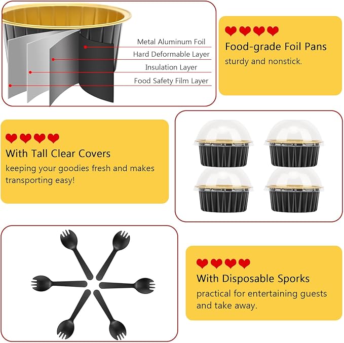 5oz Foil Ramekins with Lids 50 Pack,Free-Air Aluminum Foil Cupcake Liners Muffin Cups,Disposable