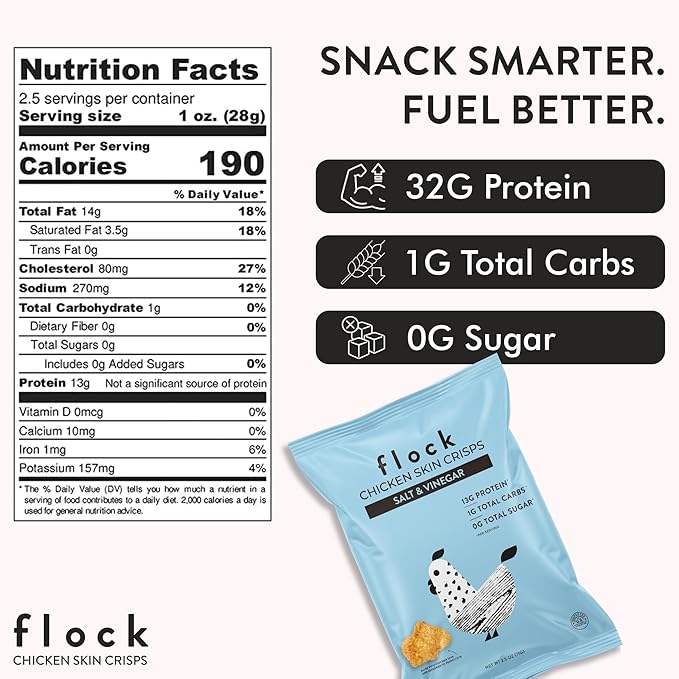 Flock Keto Chicken Skin Chips | Salt and Vinegar Flavor | Low Carb, High Protein, Sugar Free