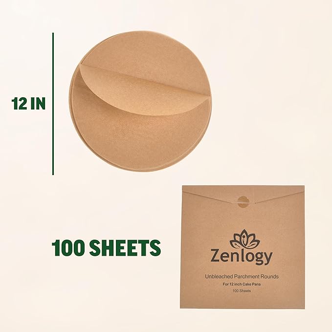 Zenlogy 12 Inch Parchment Paper Rounds (100 Sheets) - Unbleached, Pre-cut, High Heat, Round Liners