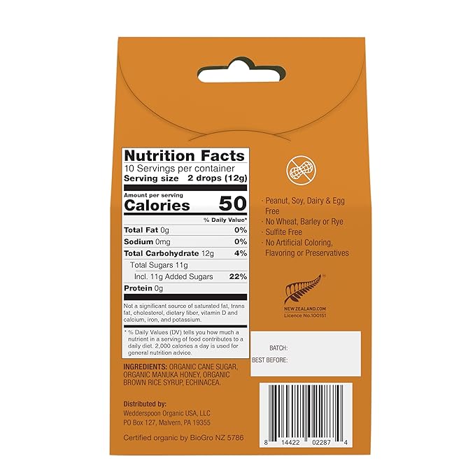 Wedderspoon Organic Manuka Honey Drops, Honey & Echinacea, 20 Count (Pack of 1) | Genuine New