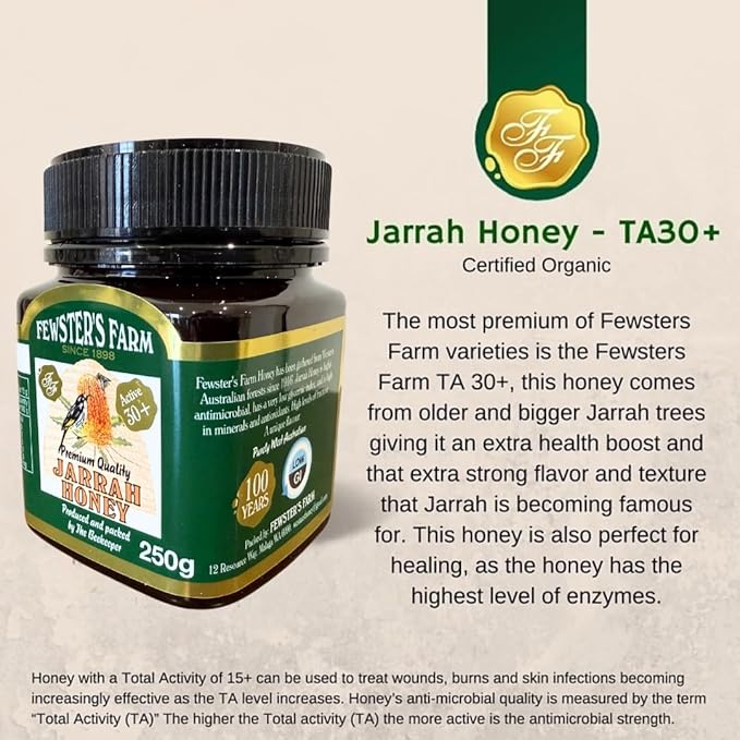 Jarrah Honey TA 30+ - 250 g / 8.8 oz Jarrah Honey is nectar gathered by bees from the flowers of
