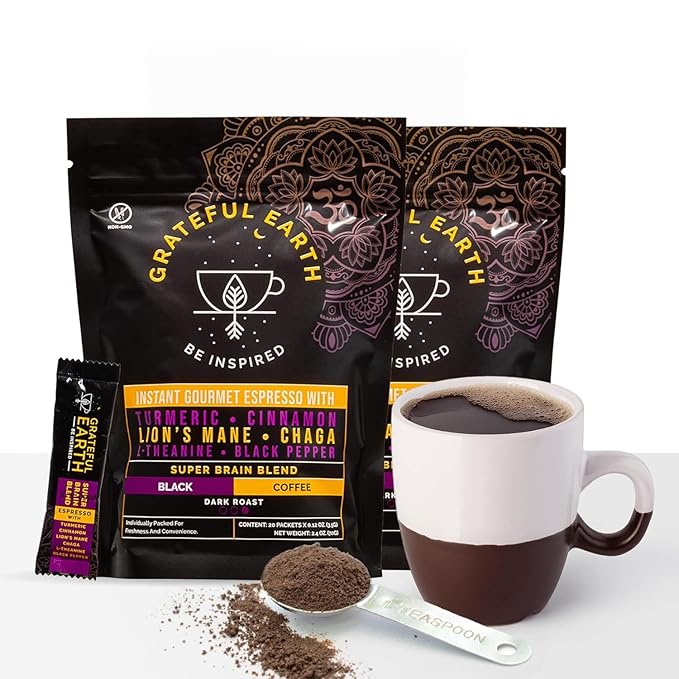 Grateful Earth Mushroom Coffee, Instant Espresso with Lion’s Mane Mushrooms, Chaga, L-Theanine