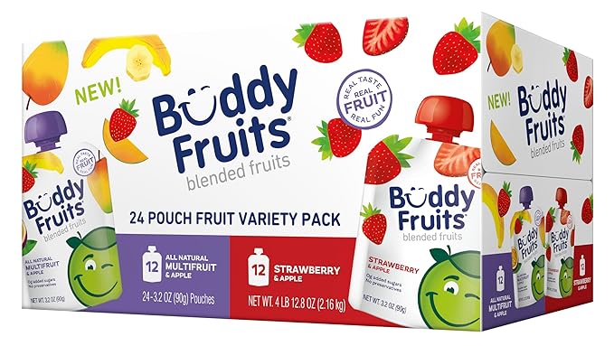 Buddy Fruits Pure Blended Fruit Snack To Go Variety Pack, Multifruit & Strawberry Applesauce 3.2oz