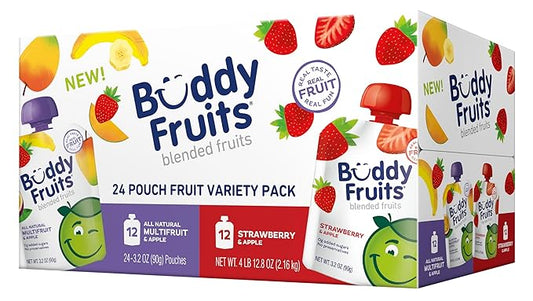 Buddy Fruits Pure Blended Fruit Snack To Go Variety Pack, Multifruit & Strawberry Applesauce 3.2oz