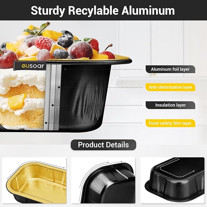 EUSOAR Mini Cake Pans with Lids，Black Gold 50pcs 20.9oz Aluminum Foil Disposable Mini Cake Loaf