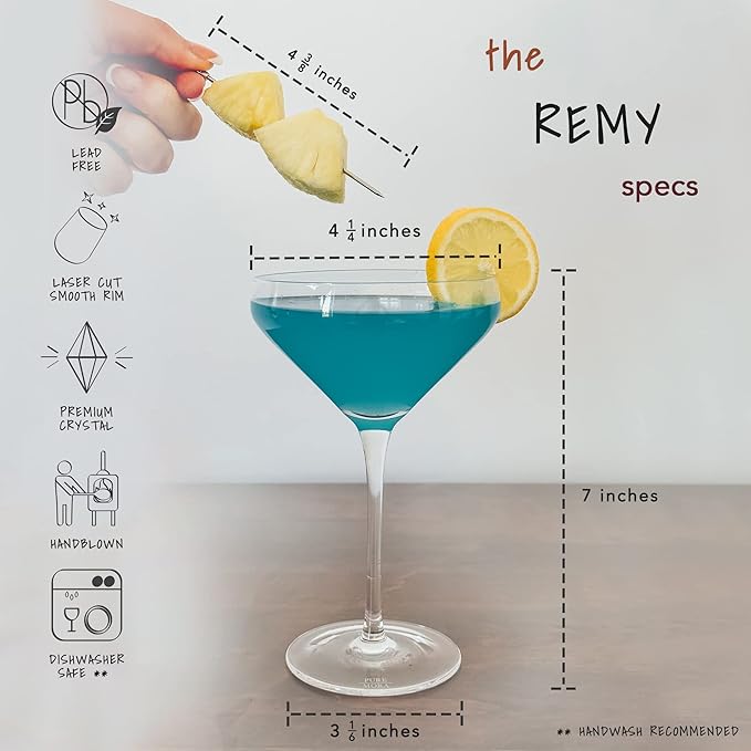 PURE MORA The Remy Coupe - Set of 4, 8oz Handblown Premium Crystal Martini Glasses for Cocktail