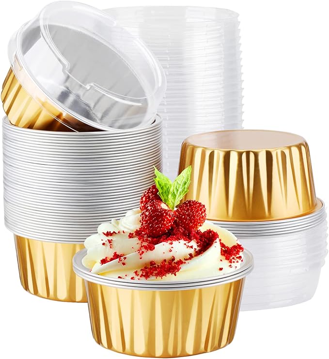 EUSOAR Disposable Ramekins, Gold 50pcs 5oz Mini Aluminium Foil Baking Cups with Lids Creme Brulee