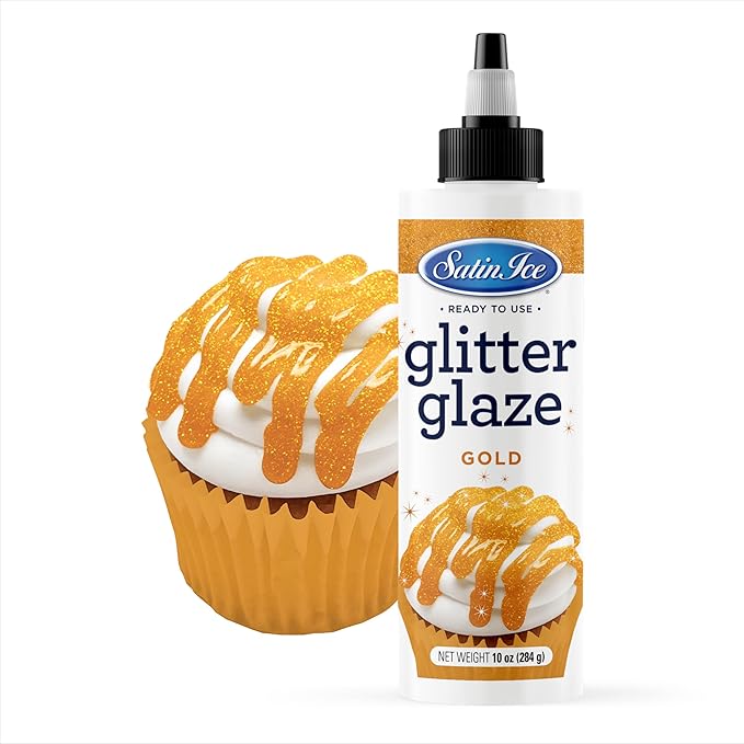 Satin Ice Gold Glitter Glaze (10oz Bottle) For Decorating Cakes, Cupcakes, Brownies, and Doughnuts