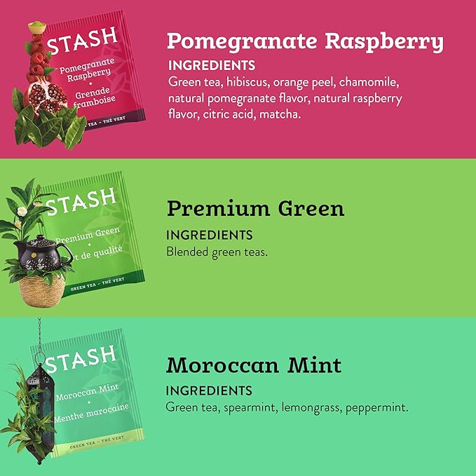 STASH Green Tea Variety Pack – Caffeinated, 6 Boxes of 18-20 Tea Bags Each – Pomegranate Raspberry