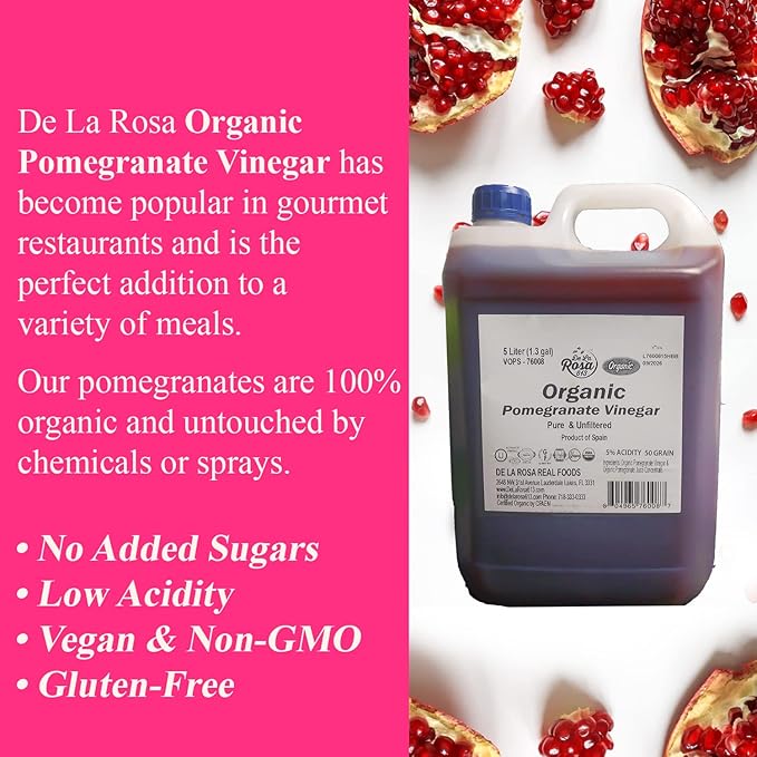 De La Rosa Organic Pomegranate Vinegar, Pure & Unfiltered, Vegan, Gluten Free & Kosher, Great for