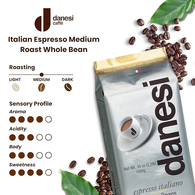 Danesi Caffe Italian Whole Coffee Beans - Espresso Coffee Beans and Medium Roast Whole Bean