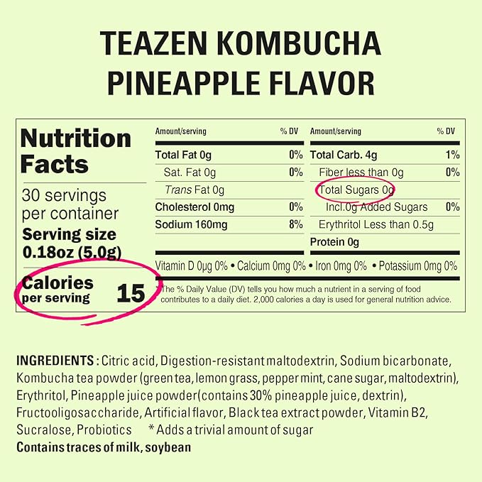 TEAZEN Pineapple Kombucha Tea, Hydration Drink Mix, Sugar Free, Live Probiotics & Prebiotics, 30
