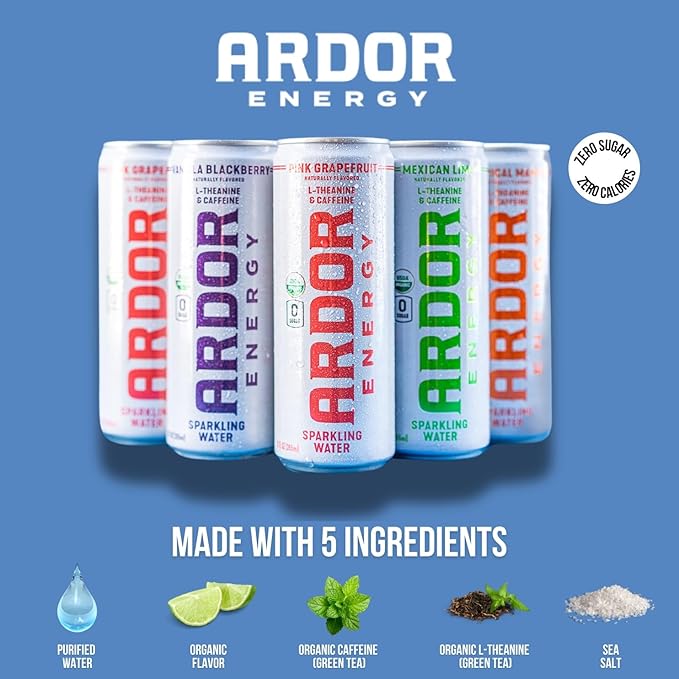 ARDOR ENERGY Sparkling Water with 100mg Natural Caffeine & 200mg L-Theanine from Organic Green Tea
