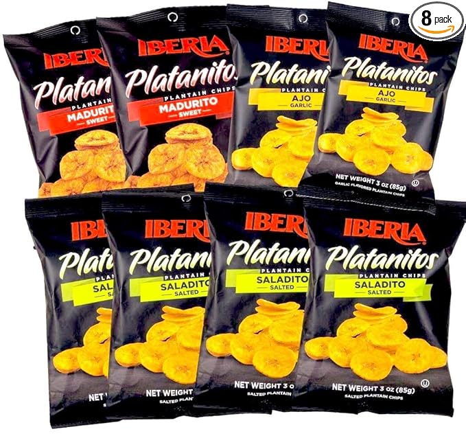 Iberia Plantain Chips, Variety, 4 Salted Plantain Chips, 2 Naturally Sweet Plantain Chips, 2 Garlic