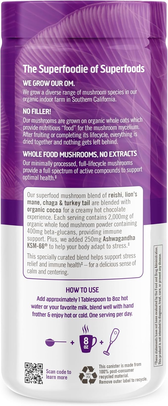 OM MUSHROOM SUPERFOOD Hot Chocolate Blend Mushroom Powder, 8.47 Ounce Canister, 30 Servings, Cocoa