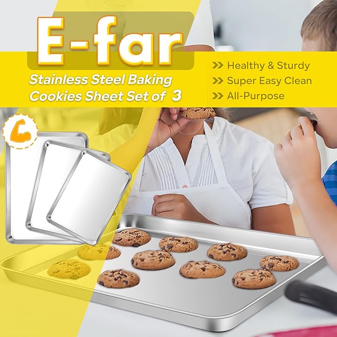 E-far Baking Cookie Sheet Pan Set of 3, 16/12.4/10.4 Inch, Stainless Steel Baking Pans Set for