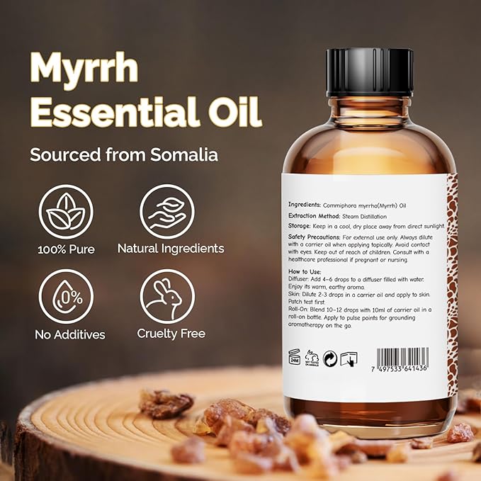 Myrrh Essential Oil 4 Oz, 100% Pure Natural Myrrh Oil for Diffuser, Skin, Hair, Body & Face