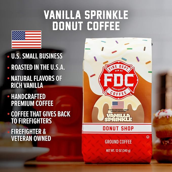 Fire Department Coffee - Gives Back to Firefighters - Vanilla Sprinkle Donut Ground Coffee - Medium