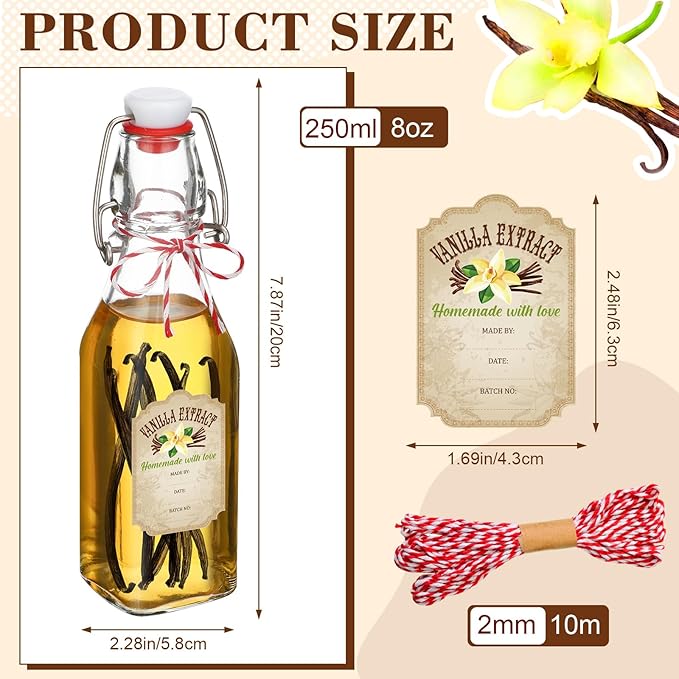 Uiifan 12 Pcs 8 oz Swing Top Clear Square Glass Bottles for Vanilla Extract with Caps and Cotton
