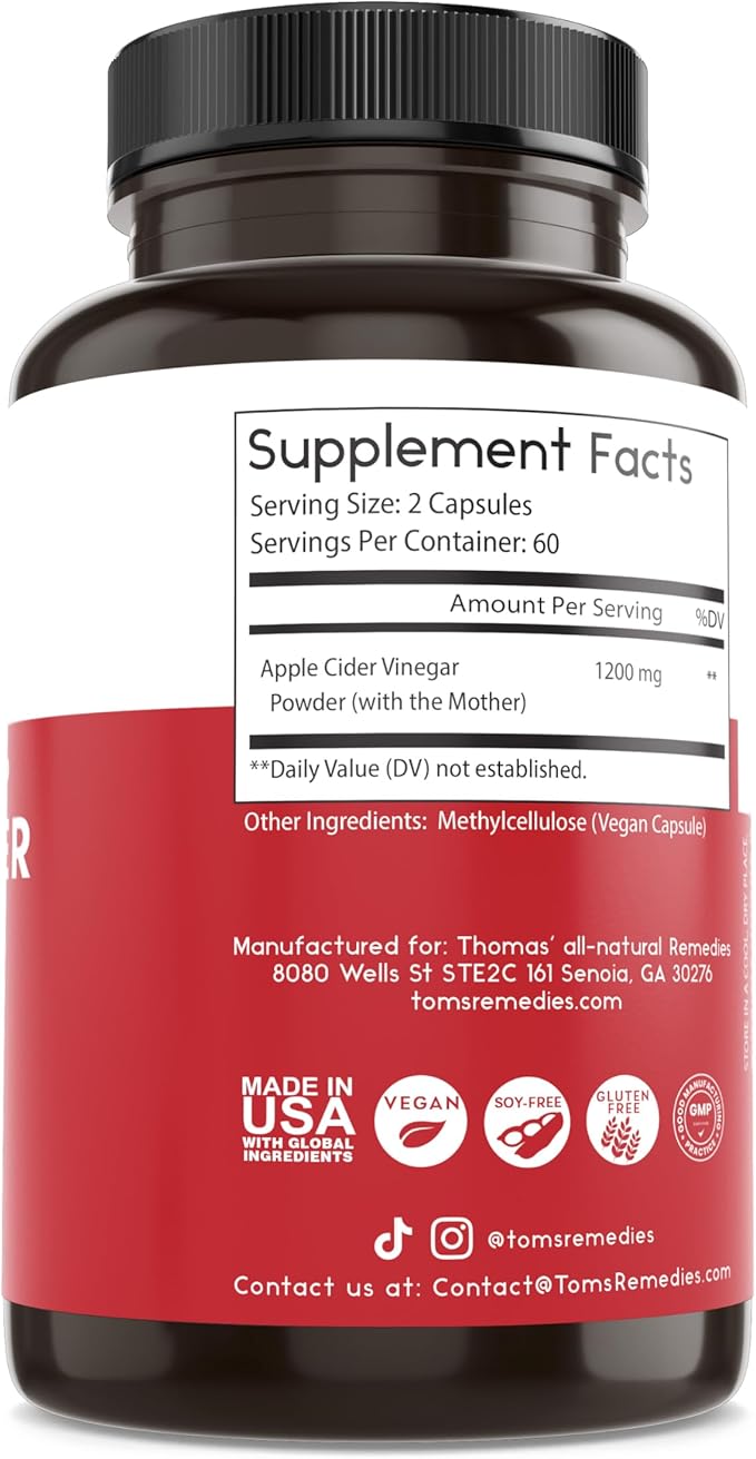 Thomas' all-natural Remedies Apple Cider Vinegar with The Mother, Raw & Unfiltered ACV Pills for