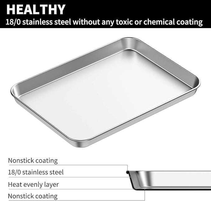 Baking Sheet Set of 2, Stainless Steel 2-Piece Cookie Sheet, Toaster Oven Baking Pan Set, Rectangle