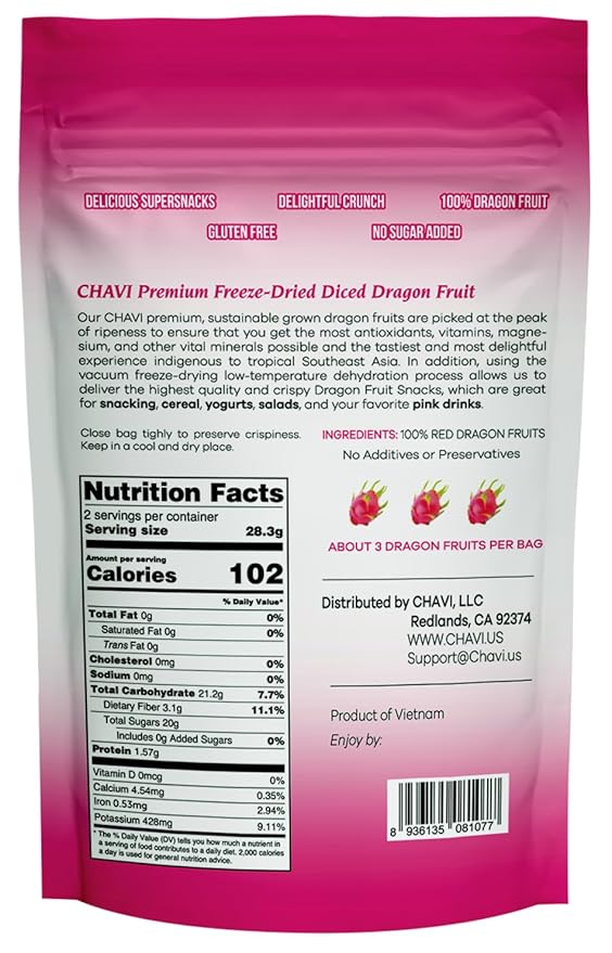 CHAVI Freeze-Dried Diced Dragon Fruit Snack - Pack of 2 x 2 oz - Healthy 1 Ingredient Superfood