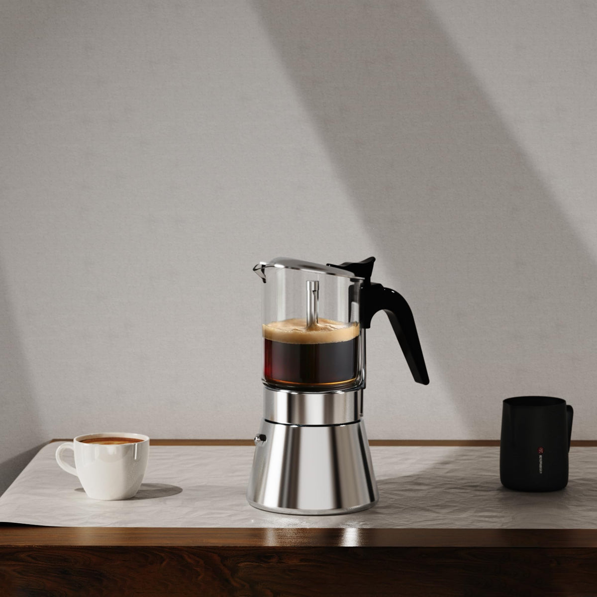 SIXAQUAE Moka Induction Stovetop Espresso Maker,Crystal Glass-top & Stainless Steel Espresso Moka