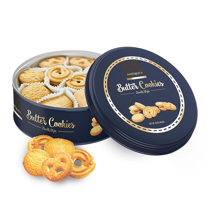 Mattigan's Butter Cookies Traditional Danish Style Cookie Assortment, 16 Oz Tin, Gourmet Gifts for