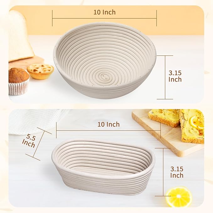 Banneton Proofing Basket Set,10 Inch Round & Oval Natural Rattan Sourdough Bread Proofing Basket
