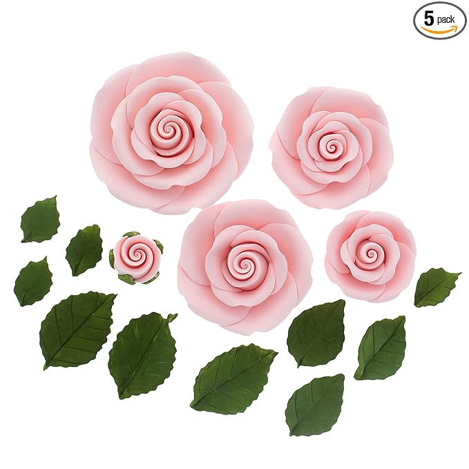 Global Sugar Art Edible Exquisite Rose & Leaf Tray Sugar Cake Flowers, Pink Unwired, 5 Count by