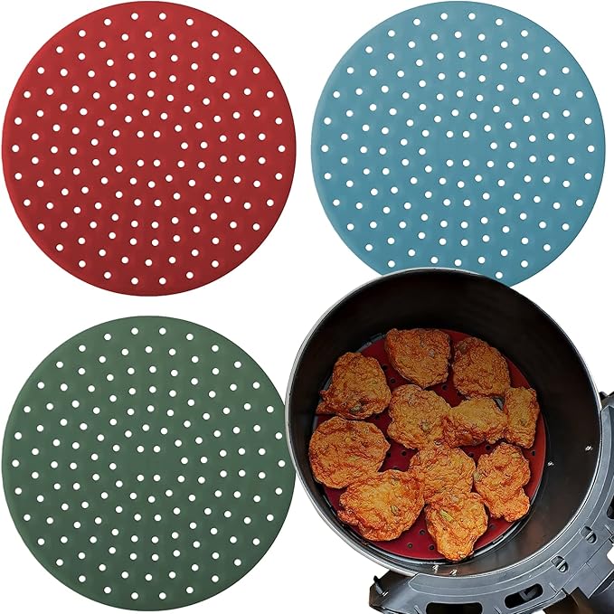 Reusable Round Silicone Air Fryer Liners (9 Inch, 3 Pack) by Linda’s Essentials - Non-Stick