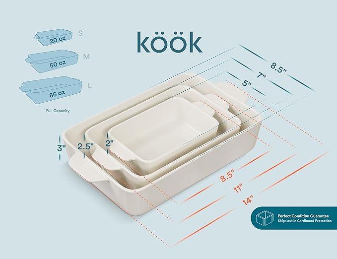 Kook Casserole Dishes for Oven, Ceramic Bakeware Set, Rectangular Baking Dishes, For Casseroles