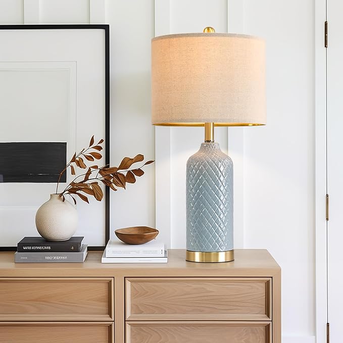 24.25" Modern Ceramic Blue Table Lamps Set of 2 for Living Room, Farmhouse, Bedside, Coastal