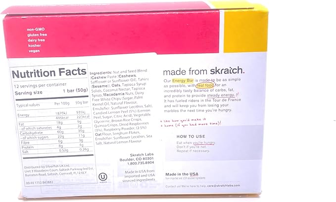 SKRATCH LABS Energy Bar | Raspberry + Lemon (12 pack) | Plant Based Healthy Snack | Low Sugar - 4g