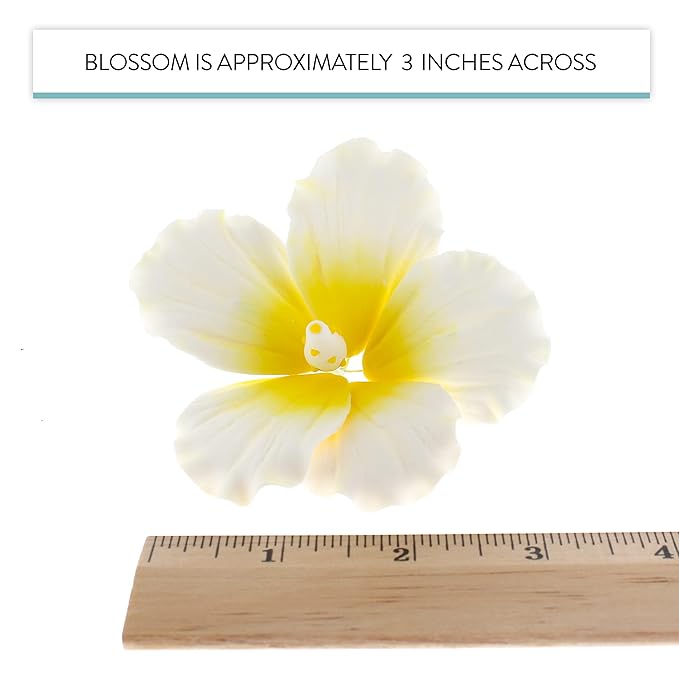 Global Sugar Art Hibiscus Sugar Cake Flowers, White with Yellow, Hawaiian Cake Flower Large 3 Count