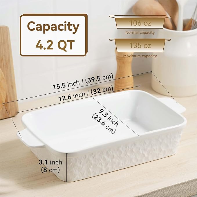 Casserole Dish for Oven, 4.2 QT Baking Dish, 9x13 Large Porcelain Baking Pan, Durable Rectangular