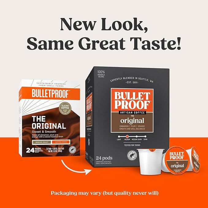 Bulletproof Original Medium-Roast Single-Serve Coffee Pods, 24 Count, 100% Arabica Beans, Clean