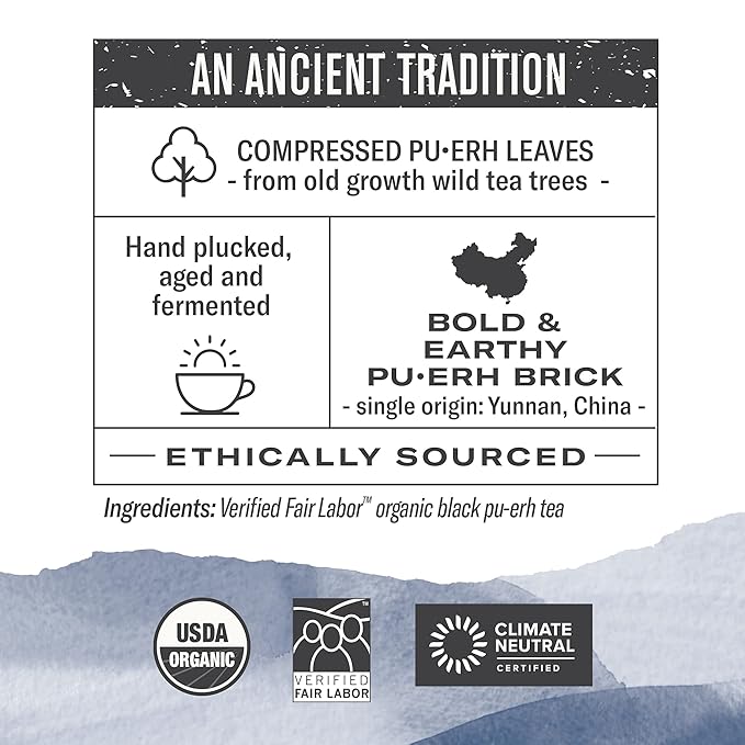 Numi Organic Aged Pu-erh Tea Brick, 2.2 Ounces, Fermented Loose Yunnan Black Tea, Brews Up To 48