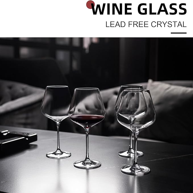 Red Wine Glasses Set of 4, Hand Blown Italian Style Crystal Burgundy Wine Glasses, Lead-Free