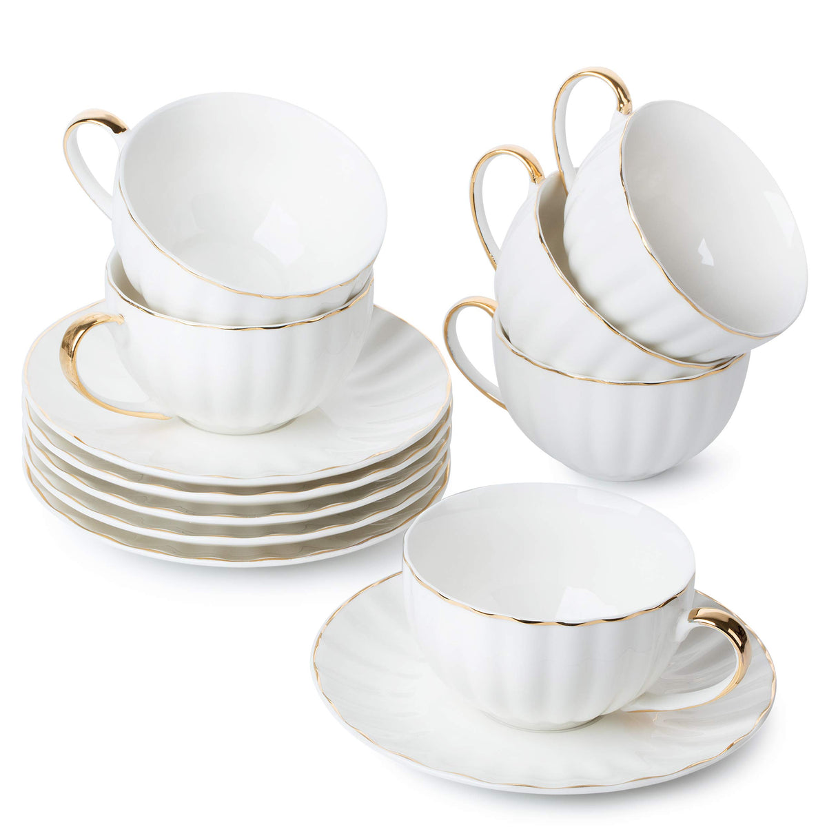 BTaT- Cappuccino Cups with Saucers 7 oz, Set of 6, Golden Trim Design