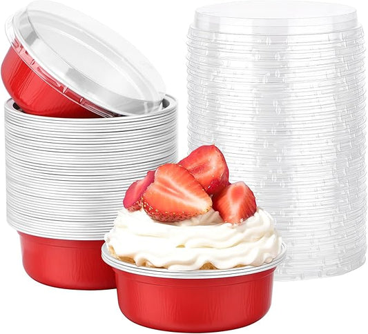 Beasea Disposable Baking Cups With Lids, 50 Pack 8.8oz 260ml Aluminum Foil Ramekins 4 Inch Round